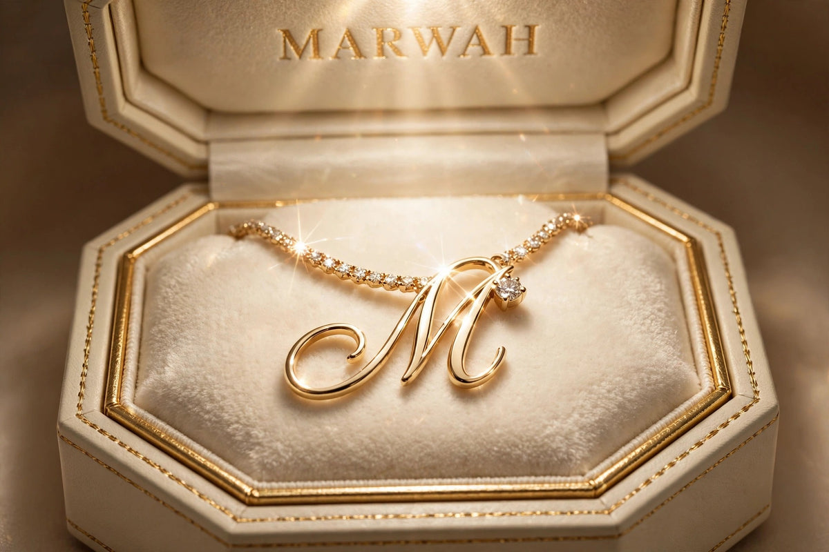 Script Initial Pendant in the MARWAH ivory box
