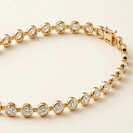 Slim Bezel-Set Diamond Bracelet, round diamonds in slim bezel settings in yellow gold, three-quarter detail view.