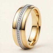 Two-Tone Diamond Band, pavé round diamonds set in a white gold rail on a yellow gold band, three-quarter detail view.
