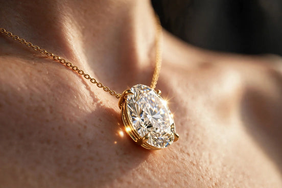 Oval solitaire diamond pendant in yellow gold worn on a woman's neck, alternate view — MARWAH