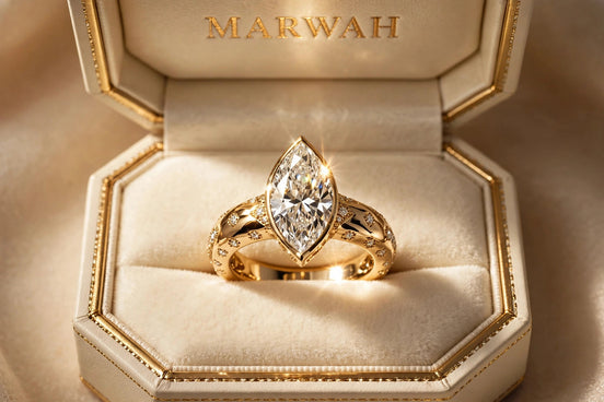 Marquise Solitaire Engagement Ring in the MARWAH ivory box